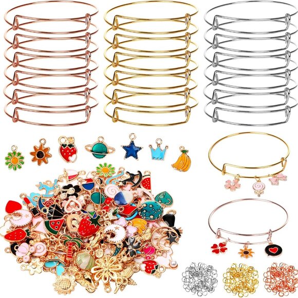 30Pcs Silver Expandable Blank Bracelets Adjustable Wire Bangles with 100Pcs Tibe - Picture 1 of 6